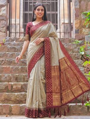beige & maroon premium cotton blend saree for women | festive, party & ethnic wear 1