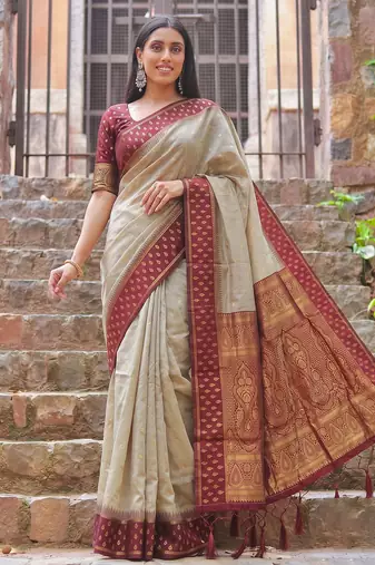 beige & maroon premium cotton blend saree for women | festive, party & ethnic wear