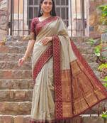 beige & maroon premium cotton blend saree for women | festive, party & ethnic wear