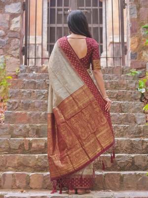 beige & maroon premium cotton blend saree for women | festive, party & ethnic wear 2