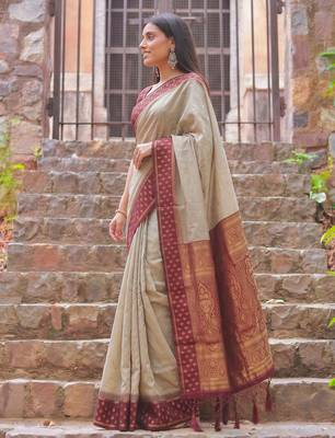 beige & maroon premium cotton blend saree for women | festive, party & ethnic wear 3