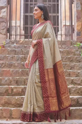 beige & maroon premium cotton blend saree for women | festive, party & ethnic wear
