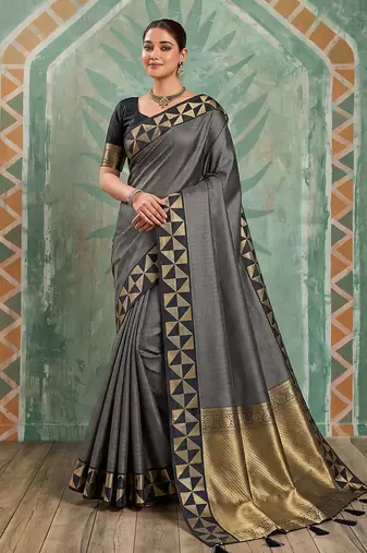 black silk blend checkered saree for women | festive & evening wear