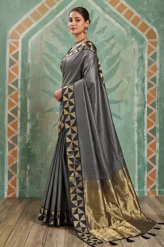 black silk blend checkered saree for women | festive & evening wear
