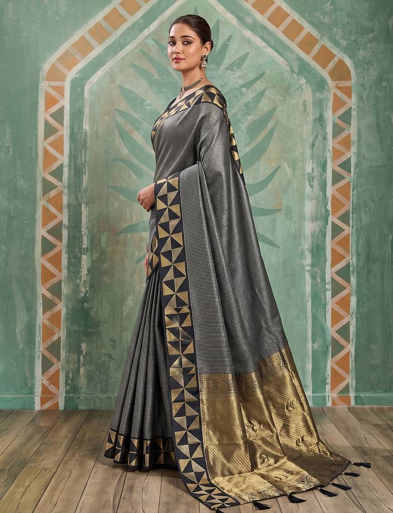 black silk blend checkered saree for women | festive & evening wear