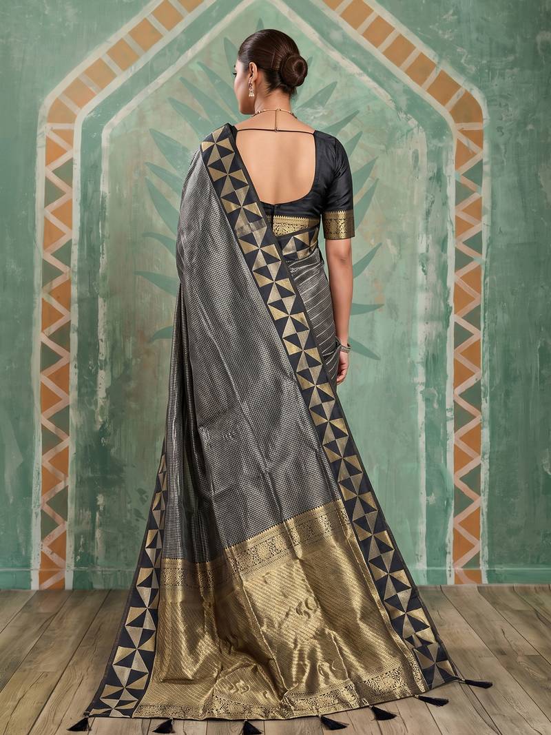 black silk blend checkered saree for women | festive & evening wear