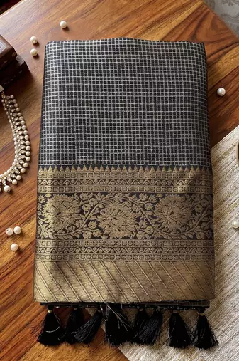 black silk blend checkered saree for women | festive & evening wear