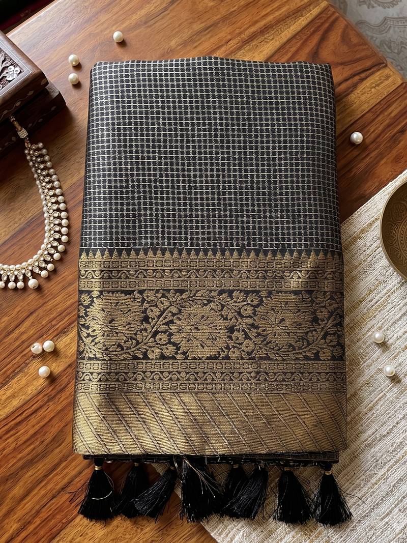 black silk blend checkered saree for women | festive & evening wear