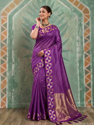 regal purple silk blend saree | woven zari border ethnic drape for women 1