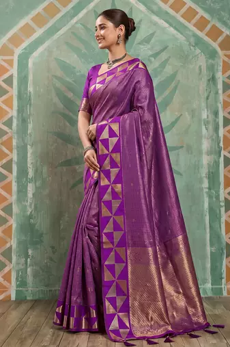 regal purple silk blend saree | woven zari border ethnic drape for women