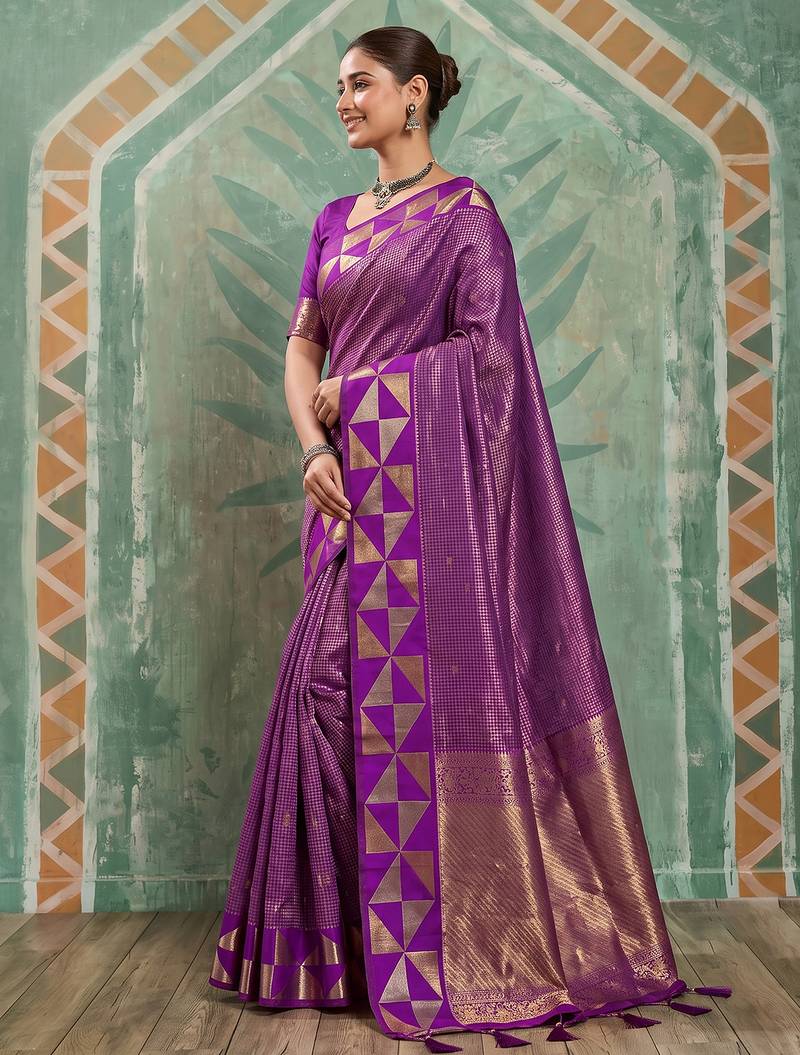 regal purple silk blend saree | woven zari border ethnic drape for women