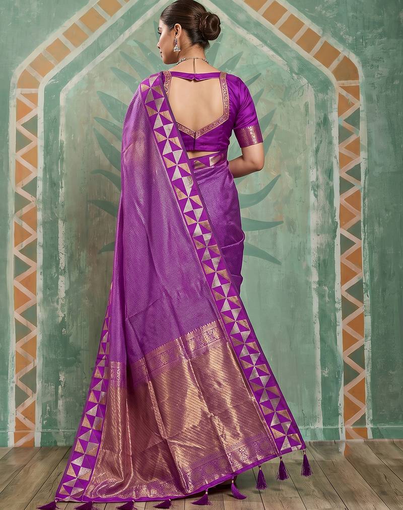 regal purple silk blend saree | woven zari border ethnic drape for women