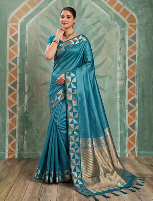 teal blue silk blend saree with geometric gold border | women's party wear 1