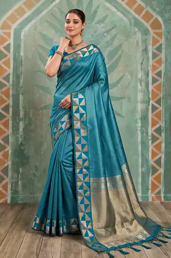 teal blue silk blend saree with geometric gold border | women's party wear