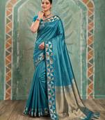 teal blue silk blend saree with geometric gold border | women's party wear