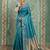 teal blue silk blend saree with geometric gold border | women's party wear