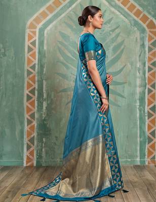 teal blue silk blend saree with geometric gold border | women's party wear 2