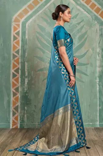 teal blue silk blend saree with geometric gold border | women's party wear