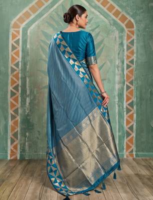 teal blue silk blend saree with geometric gold border | women's party wear 3
