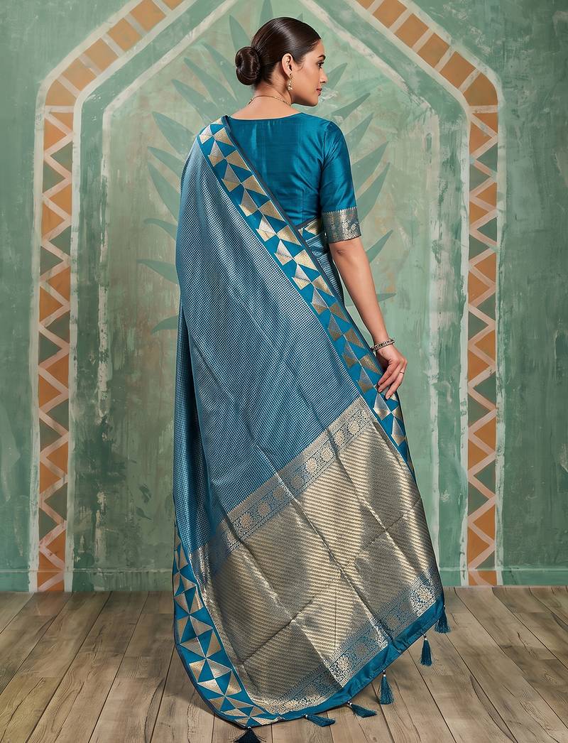 teal blue silk blend saree with geometric gold border | women's party wear