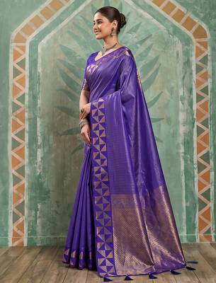 navy blue silk blend traditional saree for women | woven festive drape 2