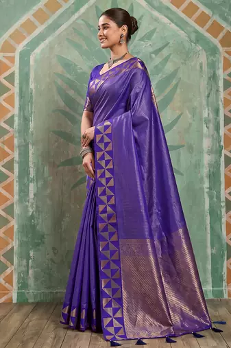 navy blue silk blend traditional saree for women | woven festive drape