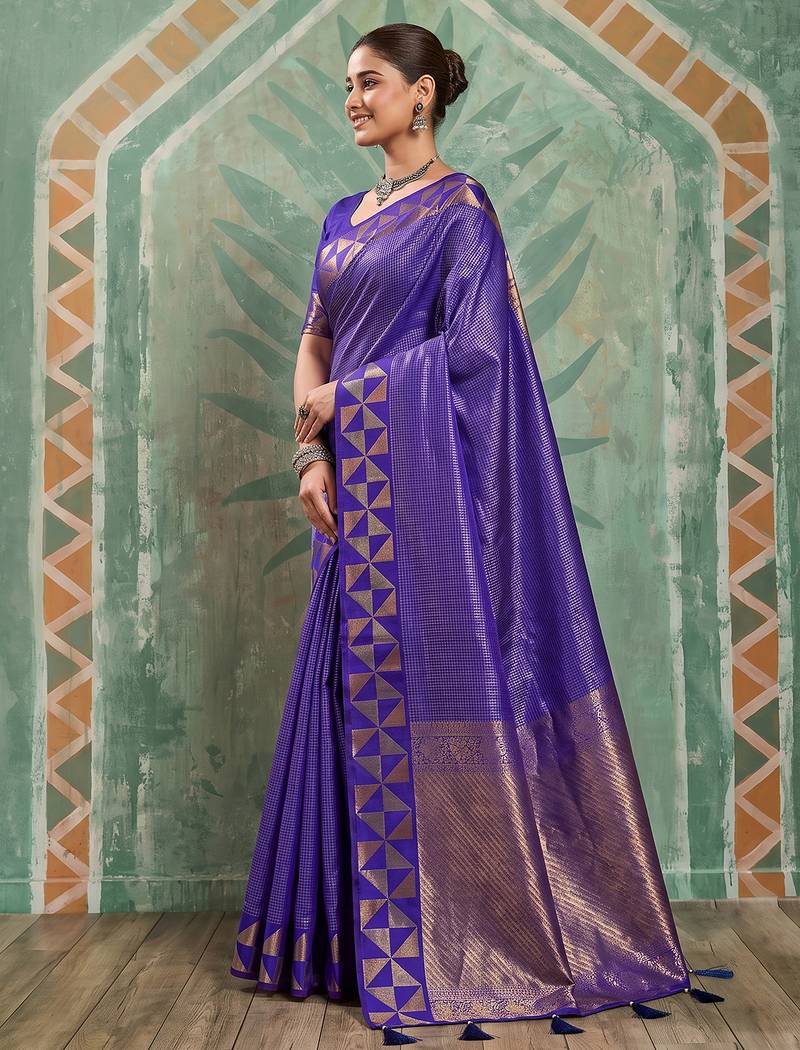 navy blue silk blend traditional saree for women | woven festive drape