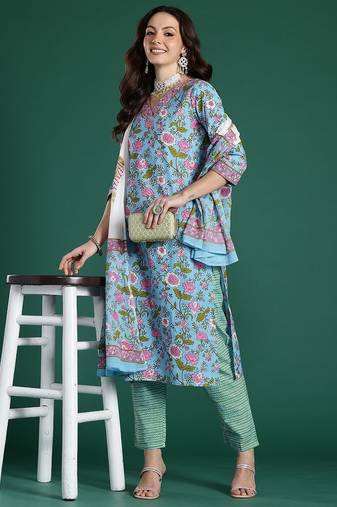 Floral Printed Mirror Work  Cotton Kurta With Trousers & Dupatta
