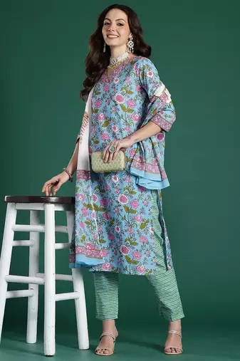 Floral Printed Mirror Work Pure Cotton Kurta With Trousers & Dupatta
