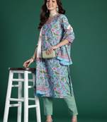 Floral Printed Mirror Work Pure Cotton Kurta With Trousers & Dupatta