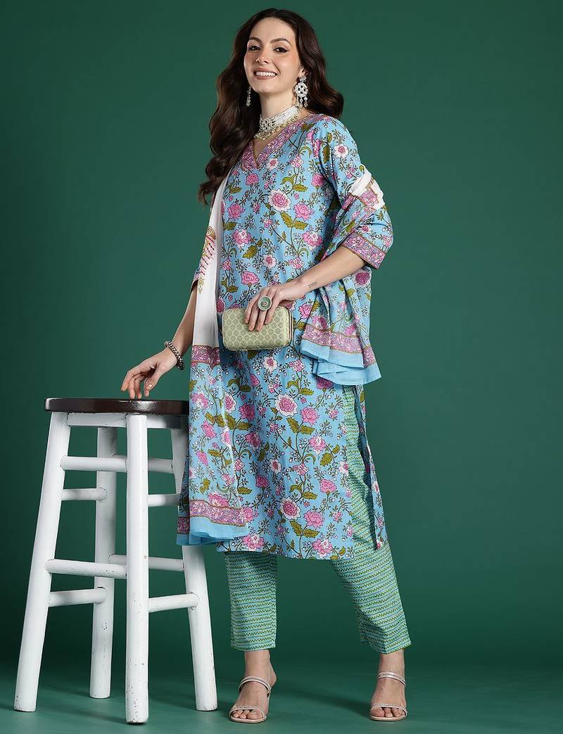 Floral Printed Mirror Work Pure Cotton Kurta With Trousers & Dupatta