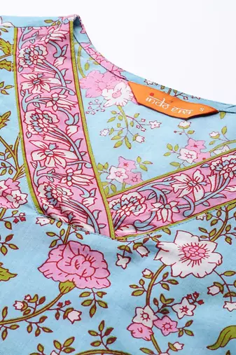 Floral Printed Mirror Work Pure Cotton Kurta With Trousers & Dupatta