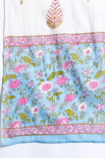 Floral Printed Mirror Work Pure Cotton Kurta With Trousers & Dupatta