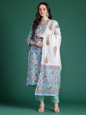 Floral Printed Mirror Work Pure Cotton Kurta With Trousers & Dupatta 5