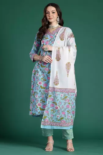 Floral Printed Mirror Work Pure Cotton Kurta With Trousers & Dupatta