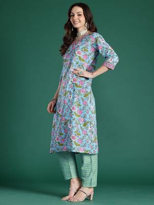 Floral Printed Mirror Work Pure Cotton Kurta With Trousers & Dupatta 6