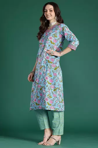 Floral Printed Mirror Work Pure Cotton Kurta With Trousers & Dupatta