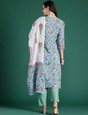 Floral Printed Mirror Work Pure Cotton Kurta With Trousers & Dupatta 7