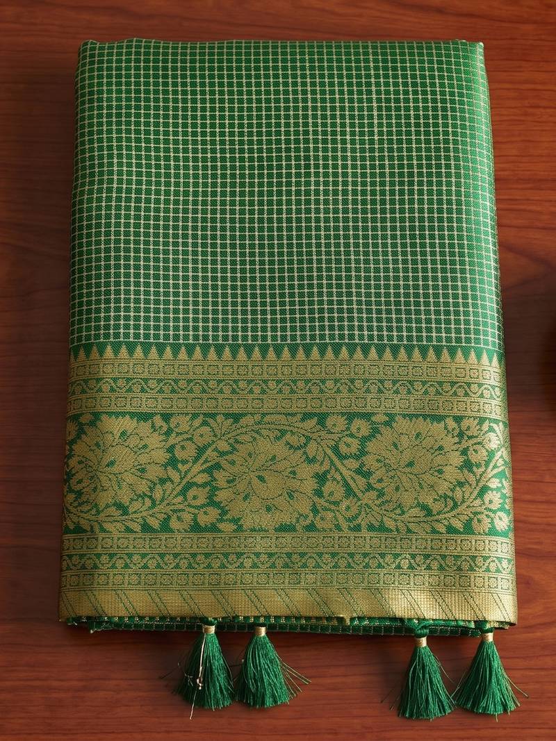 dark green micro check silk blend saree | ethnic wedding & party attire
