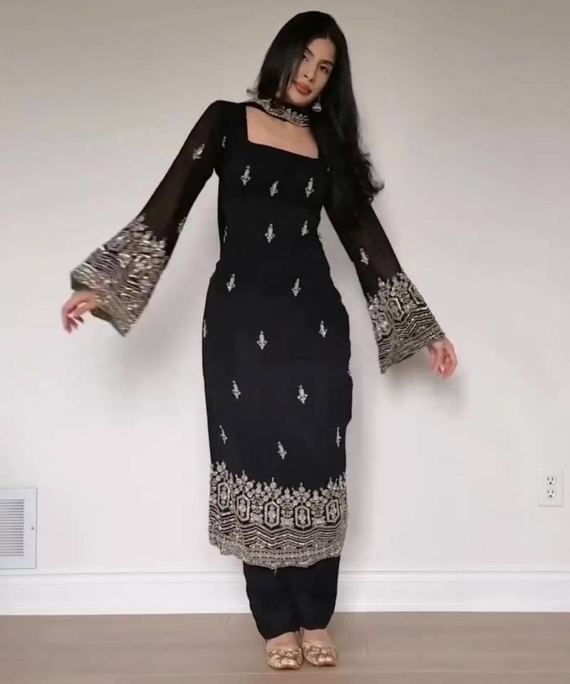 Embroidery Faux Georgette Fabric Straight Kurta Pant and Dupatta Set