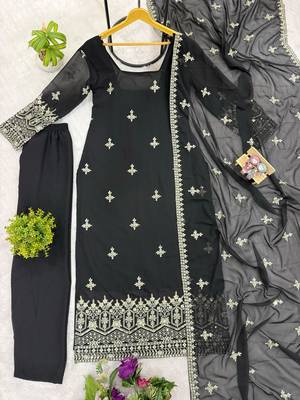 Embroidery Faux Georgette Fabric Straight Kurta Pant and Dupatta Set 3