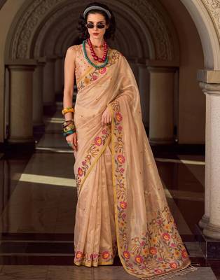beige tissue silk blend saree | floral embroidered festive & wedding ethnic wear for women 1