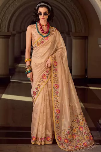 beige tissue silk blend saree | floral embroidered festive & wedding ethnic wear for women