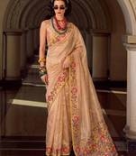 beige tissue silk blend saree | floral embroidered festive & wedding ethnic wear for women