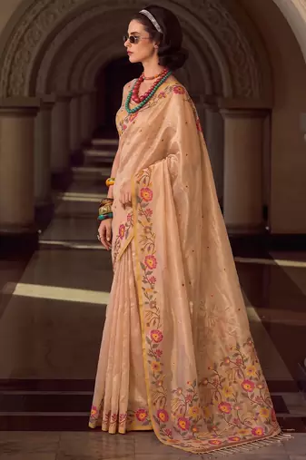 beige tissue silk blend saree | floral embroidered festive & wedding ethnic wear for women