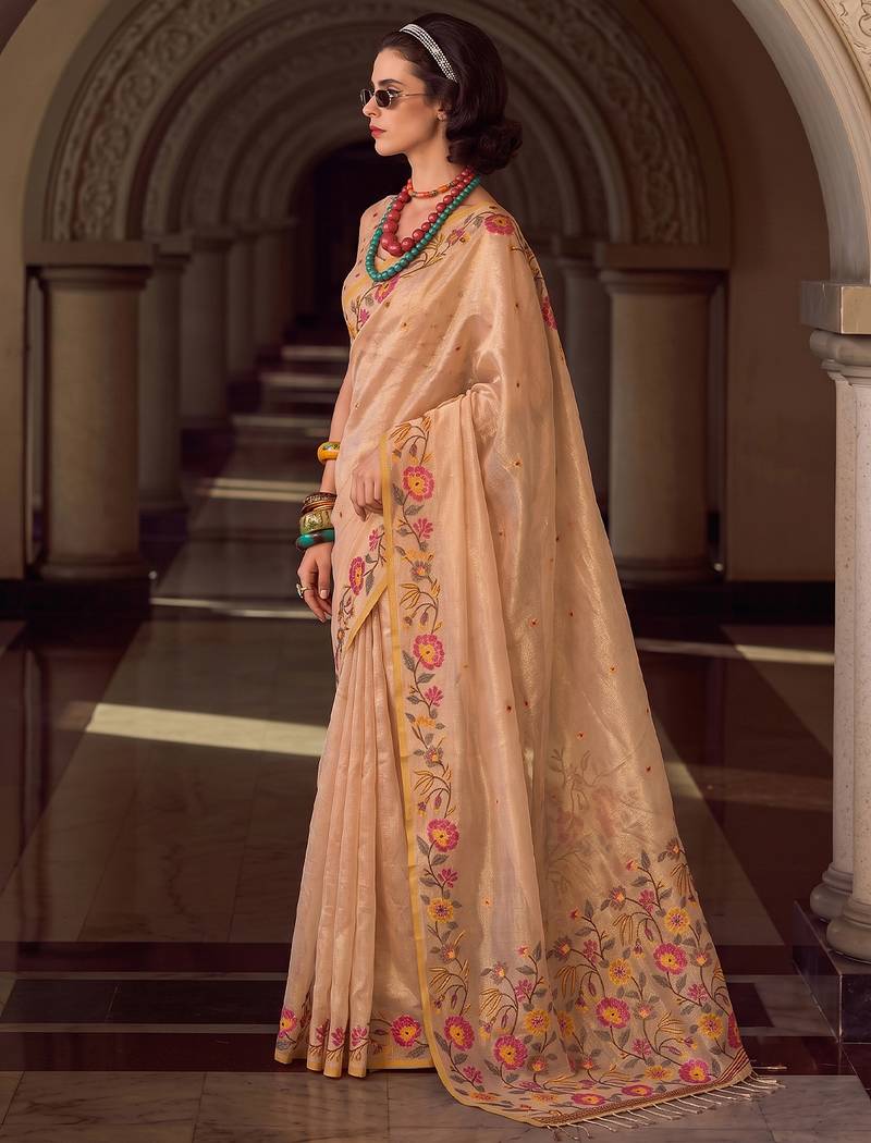 beige tissue silk blend saree | floral embroidered festive & wedding ethnic wear for women