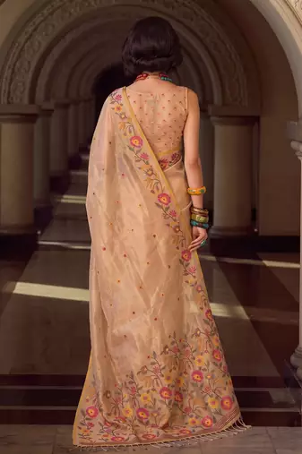 beige tissue silk blend saree | floral embroidered festive & wedding ethnic wear for women