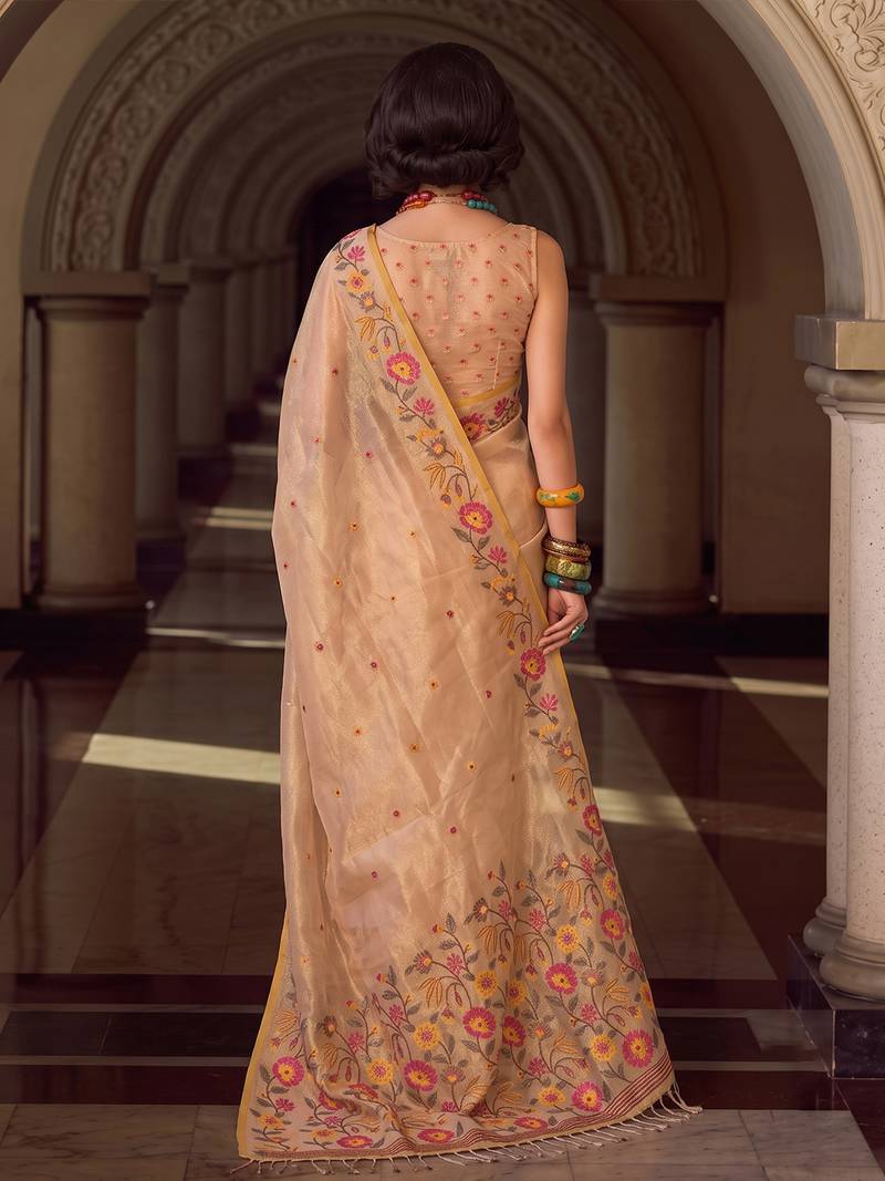 beige tissue silk blend saree | floral embroidered festive & wedding ethnic wear for women