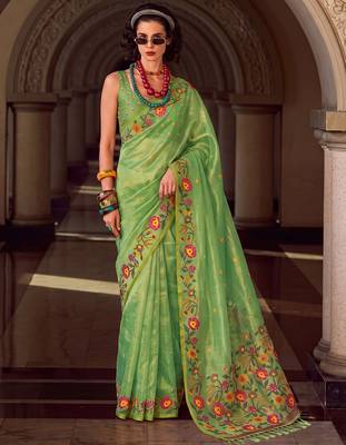 light green tissue silk blend saree for women | floral embroidered party wear ethnic drape 1