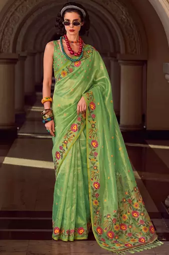 light green tissue silk blend saree for women | floral embroidered party wear ethnic drape
